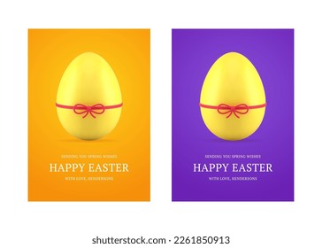 Easter painted chicken egg tied bow 3d greeting card set design template realistic vector illustration. Traditional religious present gift surprise yellow eggshell holiday premium decor