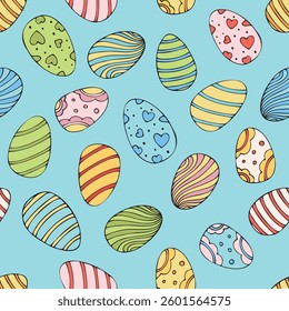 easter painted chicken eggs on blue background, traditions, vector seamless pattern, hand drawn doodles, for kids