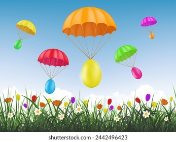 Easter painted colorful eggs fly on parachutes against the backdrop of a green meadow with grass and flowers. Vector stock illustration