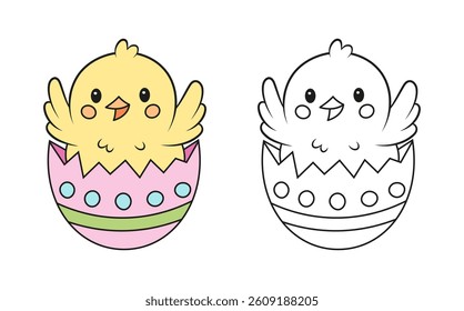 Easter painted egg and chick. Coloring page with example.	