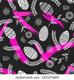 EASTER PAINTED EGG AND FLORAL ORNAMENT. THRILLED HOLIDAY SEAMLESS VECTOR PATTERN ON BLACK BACKGROUND