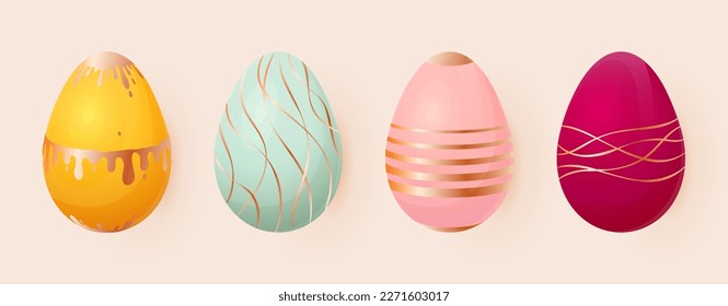 Juego plano de lujo de oro de huevo pintado en Semana Santa. Magenta rosa azul amarillo yacía doodle geométrico que fluye pintura elemento de línea de onda delgada tarjeta de saludo primavera vacaciones feliz comida vacaciones cristiana vacaciones aislado