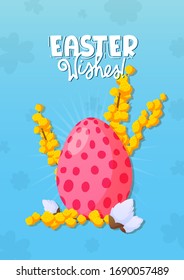 Huevo pintado de Pascua y fondo de texto festivo. Diseño de póster vectorial para productos publicitarios y de bienvenida.