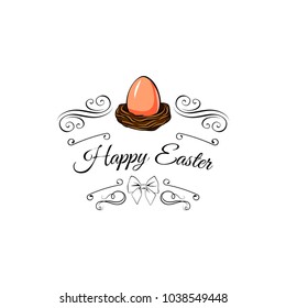 Easter painted egg in a nest decorated with swirls, bow and ornate frames. Vintage vector illustration isolated on white background.