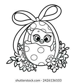 Easter painted egg that hatches into a cute chick outlined for coloring page . Image produced without the use of any form of AI software at any stage