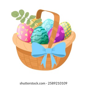 Easter painted eggs basket. Cartoon basket full of colorful eggs, wicker basket with Easter eggs flat vector illustration. Spring holiday chocolate eggs