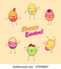 Easter painted eggs with face different emotions. Greeting card for kids. Cartoon characters for decoration.