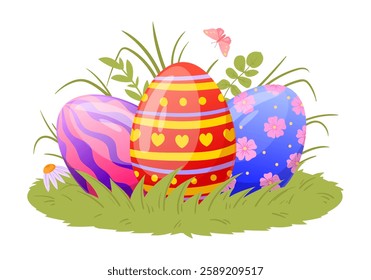 Easter painted eggs on grass lawn. Cartoon spring holiday eggs, happy Easter colorful decorative eggs flat vector illustration. Traditional painted eggs