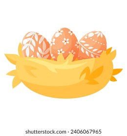 Easter painted eggs with patterns in a nest made of straw. Festive composition, vector illustration on a white background. Cartoon nest with three eggs.Happy Easter. Design for Easter cards, banners.