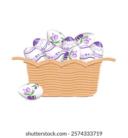 Easter painted eggs in purple tones in a straw basket, isolated on a white background.Vector illustration for Easter holiday designs.