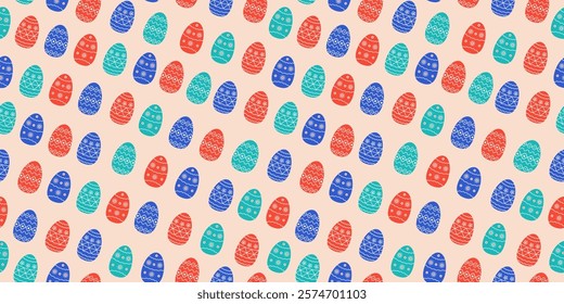 Easter painted eggs. Repeating pattern. Set. Holiday seamless background.