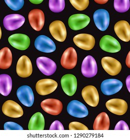 Easter painted eggs seamless pattern on black background. Luxury reapit holliday wallpaper, wrapping, textile print.