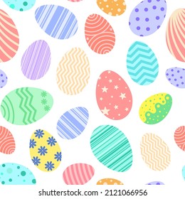 Easter painted eggs seamless pattern. Spring background with multicolored eggs symbol Easter. Colorful bright template for packaging, fabric, paper and design vector illustration