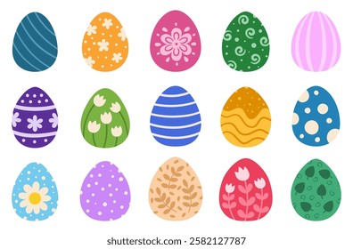 Easter painted eggs set. Cartoon collection of painted eggs with floral, polka dots, stripes and other patterns. Spring designs on eggs for Easter holiday decor and design.