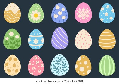 Easter painted eggs set. Cartoon collection of painted eggs with stripes, polka dots and floral patterns. Spring designs on eggs for Easter holiday decor and design.