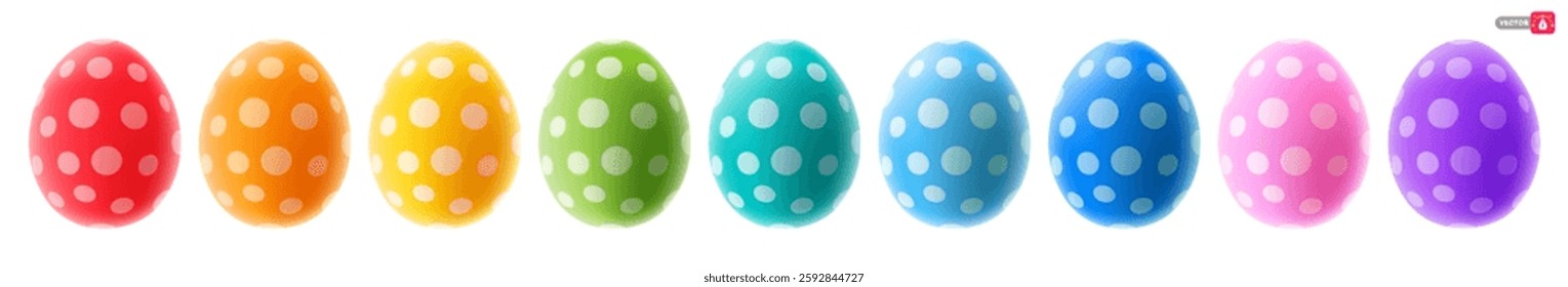 Easter painted eggs. Set of cute colorful Easter eggs with simple polka dot pattern, 3d realistic, isolated on white background. Vector illustration