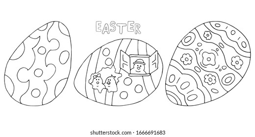 Huevos pintados en Pascua. Hogar para gallinas de Pascua. Feliz Pascua. Página colorear. Conjunto de ilustraciones dibujadas a mano por vectores. Blanco y negro aislado sobre fondo blanco.