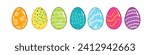 Easter painted eggs set. Symbol of Easter holiday. Vector bright rainbow colors eggs with pattern. Restaurant, cafe menu, holiday decoration, poster, greeting card, 
sticker, easter holiday egg hunt.