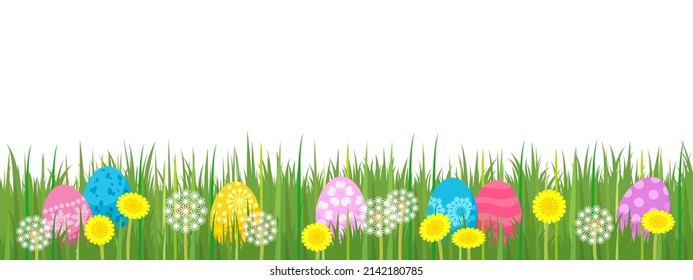 Easter painted eggs in spring grass and dandelion flowers, seamless border, vector illustration isolated on white background.