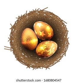 Easter painted eggs in a wicker nest on a white background. High detailed realistic illustration.