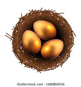 Easter painted eggs in a wicker nest on a white background. High detailed realistic illustration.