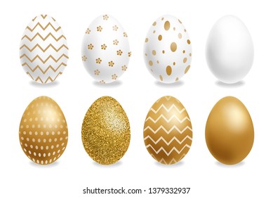 Easter painted golden eggs Vector realistic collection. Abstract ornamented cute design. 3d detailed sets