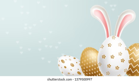 Easter painted golden eggs Vector realistic collection. Abstract ornamented cute design. 3d detailed sets