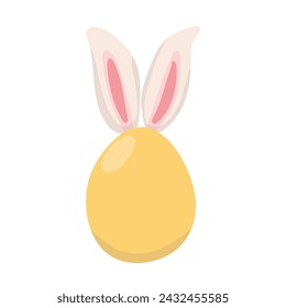 Easter painted yellow egg with long white bunny ears. Cute vector design isolated on white background. Holiday template for print, notepads, greeting cards, postcards, social media, textiles