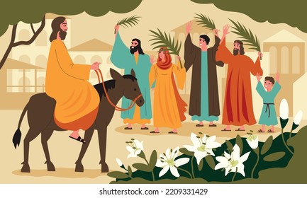 Easter and palm sunday flat concept with Jesus Christ entering Jerusalem on donkey vector illustration