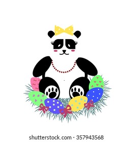 Easter Panda bear mother  lady incubates the eggs. Flat vector White background