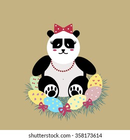 Easter Panda bear mother  lady incubates the eggs. Flat vector background