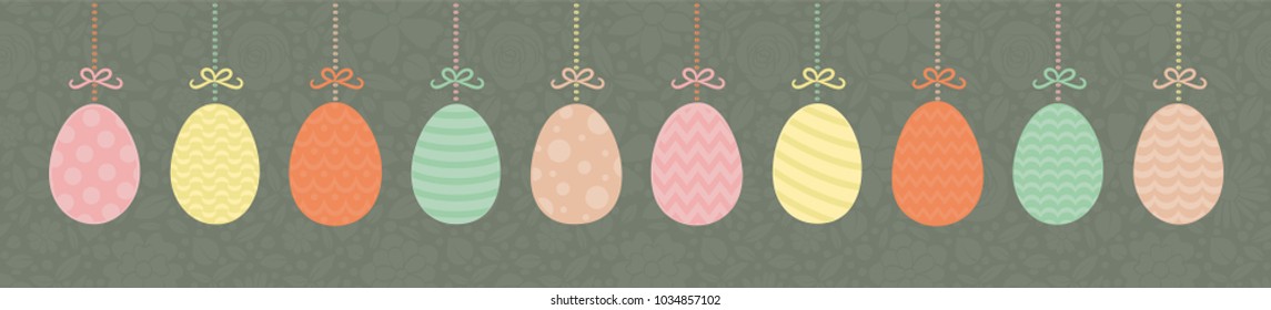 Easter - panoramic banner colorful eggs on floral texture. Vector.