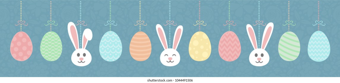 Easter - panoramic banner with hanging bunnies and eggs. Vector.
