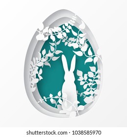Easter paper art spring forest with branches, leaves,  climbers and rabbit. Easter egg shape. Holiday origami concept, nature and animals idea. 