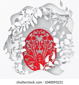 Easter paper art spring forest with grass, branches, leaves, trees covered with climbers and easter ornate eggs. Holiday origami concept. Paper carved egg