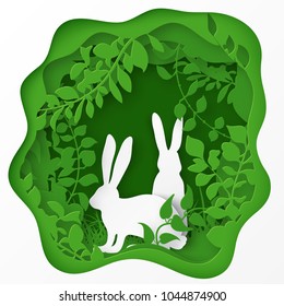 Easter paper art spring forest with grass, branches, leaves, trees covered with climbers and couple of easter rabbits. Holiday origami concept, nature and animals idea