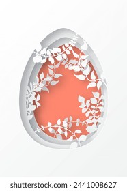 Easter paper art spring forest with branches, leaves,  climbers. Easter egg shape. Holiday