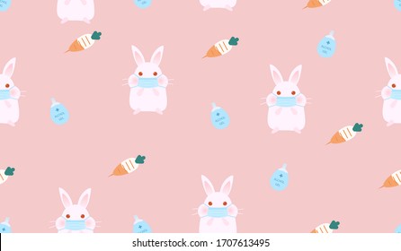 Easter paper background. Rabbit wearing a protective mask and egg easter alcohol gel, carrot syringe. Vector illustration.