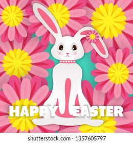 Easter paper bunny postcard with spring pink flowers on a light green background with the signature, Happy Easter, vector illustration