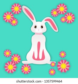 Easter paper bunny postcard from white paper with spring pink flowers on light green background, vector illustration