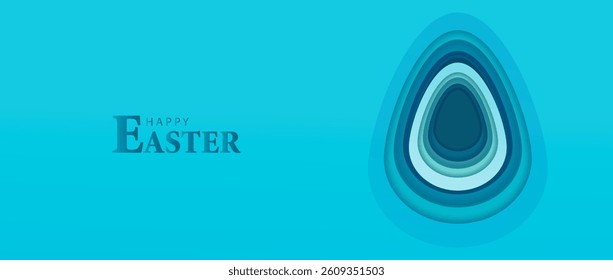Easter paper cut egg on blue banner background. Festive holiday card design. Happy Easter vector.
