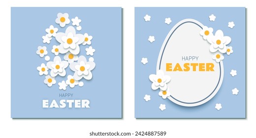 Easter paper cut greeting cards set with Easter eggs and white flowers on blue background. Vector illustration.