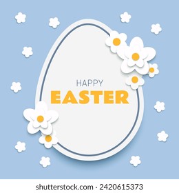 Papel de Pascua cortó banner cuadrado o concepto de volante. Huevo grande decorado con flores blancas de fondo azul. Ilustración vectorial.