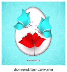 Easter paper cut style egg on blue color background with butterflies, bright red flower tulip. 3d card