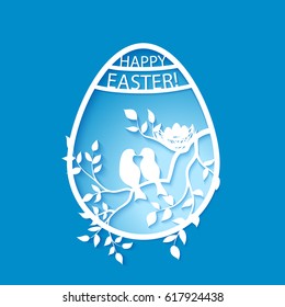 Easter paper decoration with eggs and birds on branch tree. Vector illustration