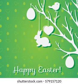 Easter paper decoration in the form of tree with eggs and rabbits. Perfect for invitations, posters and easter cards