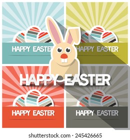 Easter Paper Flat Design Bunny Vector Illustration on Retro Backgrounds with Eggs