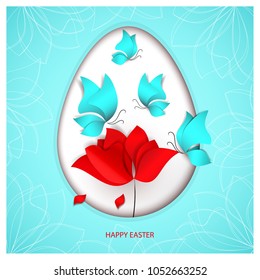 Easter paper-cut style egg on blue color background with butterflies, red flower with falling petal and holiday congratulation. Easter egg hunt. 3d vector paper pattern