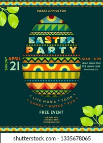 Easter party announcing poster template. Text customized for invitation with details about the date, time, location. Bright ornate egg and border ornament. Vector illustration.
