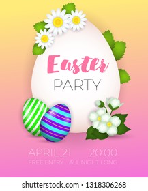 Easter Party, April twenty first lettering, decorated eggs and flowers. Easter party invitation. Handwritten and typed text, calligraphy. For posters, invitations, banners, leaflets and brochures.